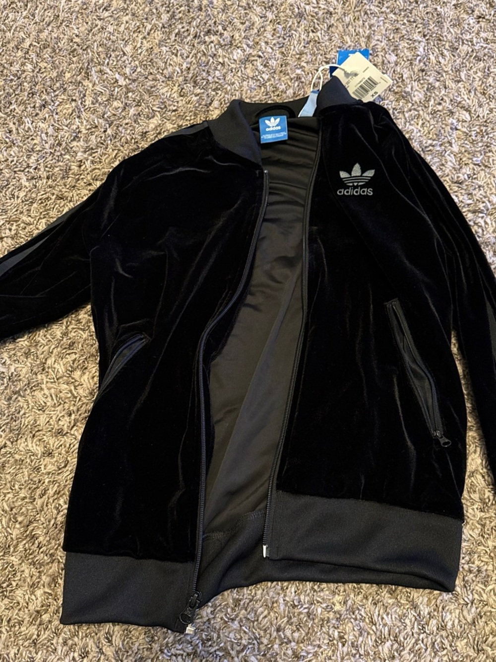 adidas Black Velour Zip-Up Jacket with Trefoil Logo